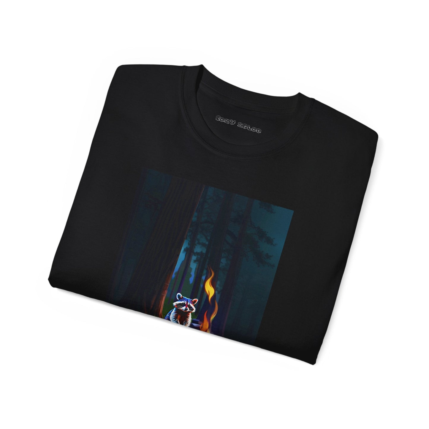 Raccoon sitting by campfire Tee - Cozy Igloo