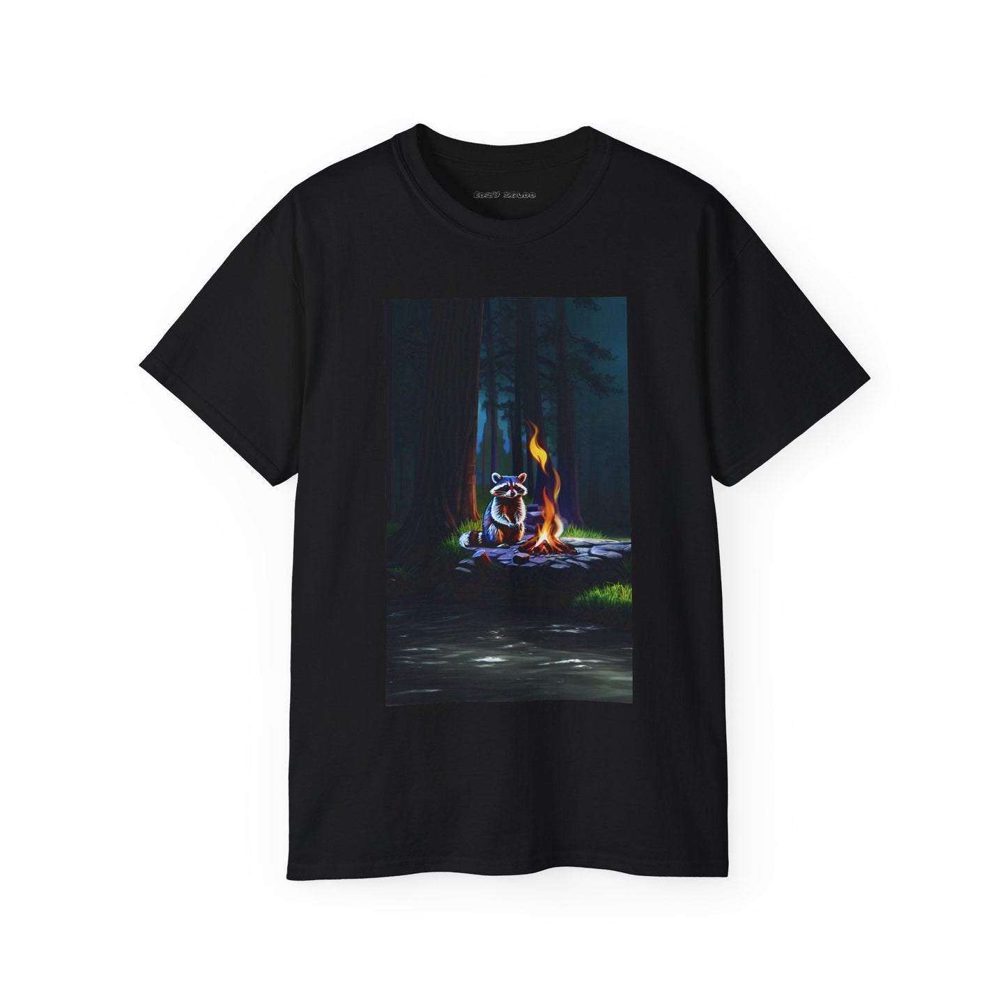 Raccoon sitting by campfire Tee - Cozy Igloo